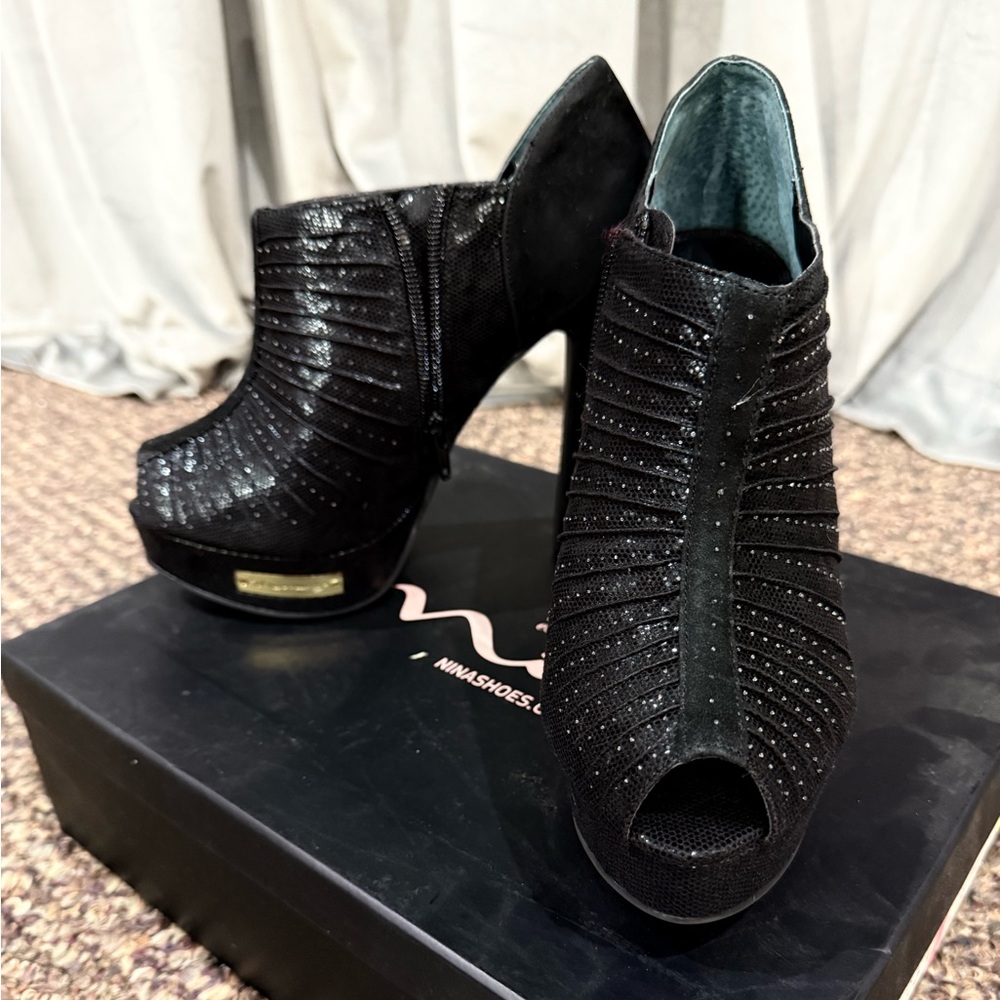 Nina Black Peep-Toe Booties